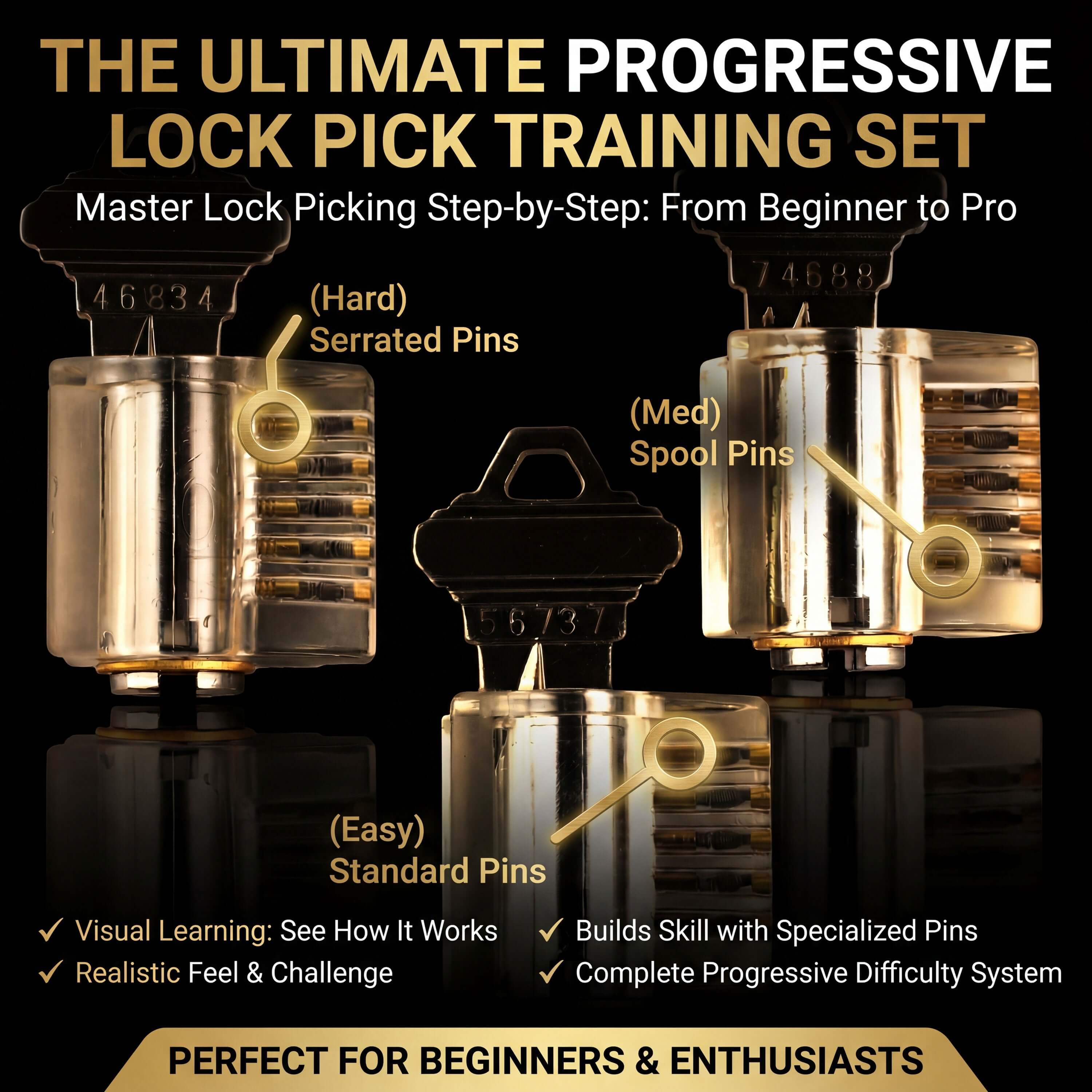 Practice Locks Set, 3 Clear Progressive Locks - Easy to Hard